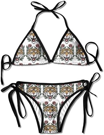 Fashion Sexy Womens Tiger With Flowers Printing Bikini Set Adjustable Bathing Suits