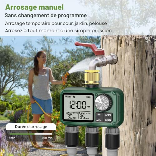 3 Way Water Timer with Brass Inlet, Large LCD Display, Automatic Watering for Garden, Programmable Irrigation, Simple Use, Rain Delay Manual Watering for Garden