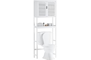 SMIBUY Bathroom Over The Toilet Storage Cabinet, 2 Door Bamboo Cabinet Organizer, Freestanding Space Saver Toilet Rack with Adjustable Inside Shelf and Open Shelf (White)