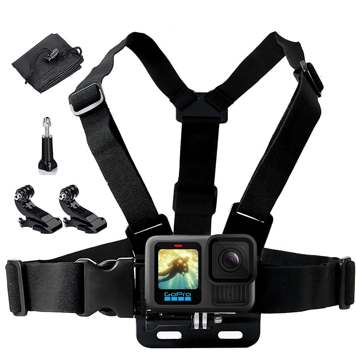 Waterproof Chest Mount, Harness, Strap, Compatible with Gopro Hero 13 12 11 10 9 8 7 6 5 4 3 / DJI, AKASO, Apeman, Apexcam & Most Action Cameras, Chest Strap +2 J-Hook, Thumbscrew & Storage Bag