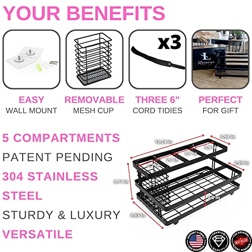 Premium Hair Tool Organizer Wall Mount, 5 Compartments, Stainless Steel. Large Bathroom Sink