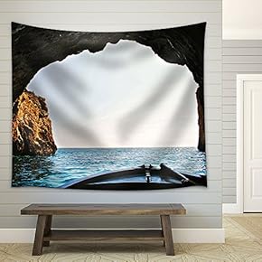 a Boat is Out of Rock Cave in Fair Weather - Fabric Wall Tapestry Home Decor - 51x60 inches