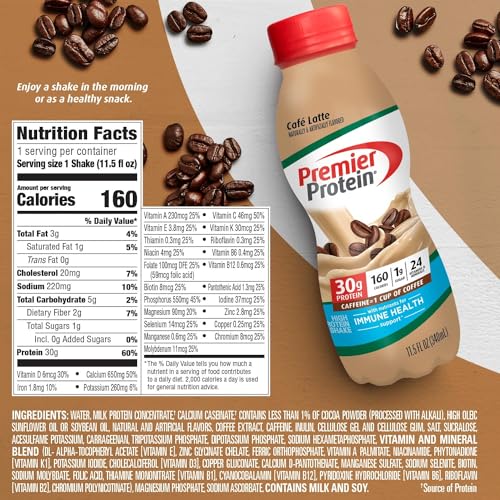 PREMIER PROTEIN SHAKE, CAFÉ LATTE WITH CAFFEINE FOR ENERGY – 30G PROTEIN, NO ADDED SUGAR, 24 VITAMINS & MINERALS TO SUPPORT IMMUNE HEALTH, 11.5 FL OZ, 6 PACK (PACKAGING MAY VARY)