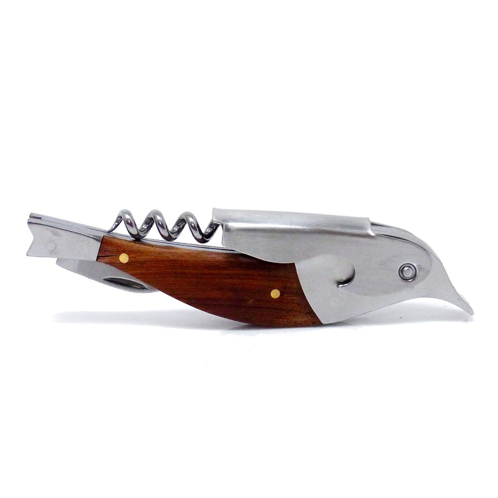 Kikkerland Stained Rosewood 18/8 Stainless Steel Bird Corkscrew, Silver