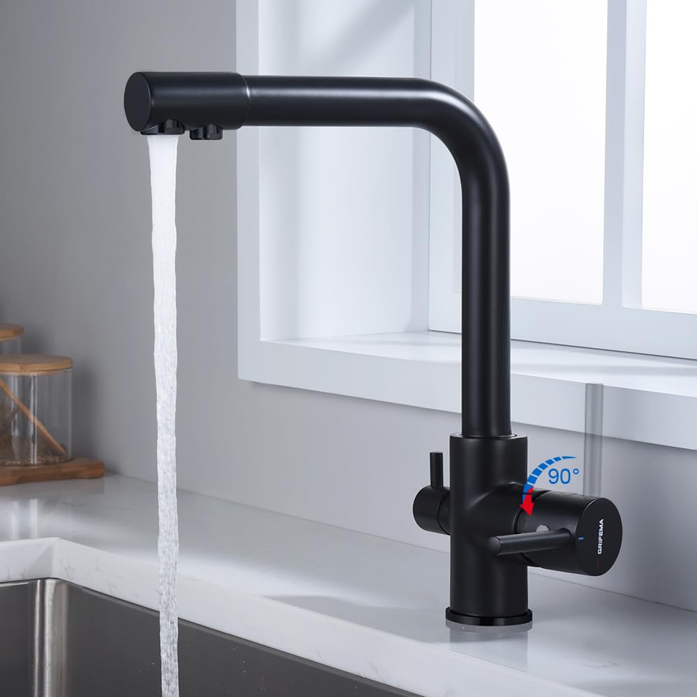 GRIFEMA G4003 3 Way Water Filter Tap, Kitchen Drinking Taps Sink Mixer Brass Swivel Spout with 2 Handles, Hot, Cold and Filter Tap for Kitchen, G3/8" Hose, 360° Swivel, Chrome, Black