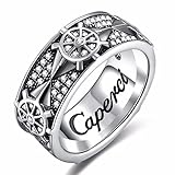 Caperci Men's Sterling Silver Spiked Ship Helm Wheel and Diamond Iced Out Band Ring