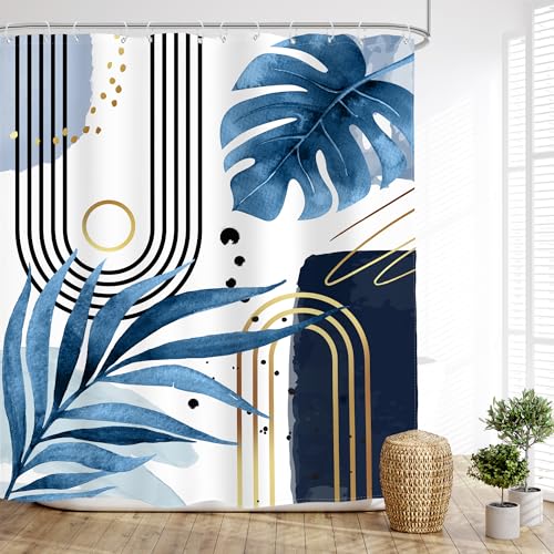 Photo 1 of Glawry Blue Gold Boho Mid Century Shower Curtain Abstract Tropical Plant Minimalist Modern Geometric Palm Leaf Arch Bathroom Simple 60Wx72L Inches Bath Accessories Art Home Decor Fabric 12 Pack Hooks