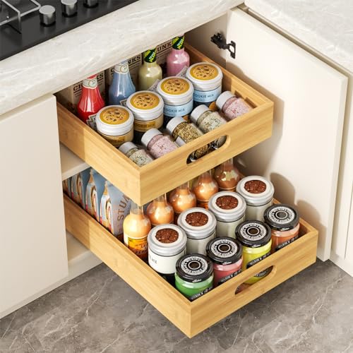 Photo 1 of 1PCS Pull Out Cabinet Organizer, Bamboo Wood Slide Out Drawers for Kitchen Cabinets,Heavy Duty Sliding Drawers for Cabinets,Adhesive Nano Film Shelves Drawers for Home (16.54" D x 11.82" W x 2.76" H)