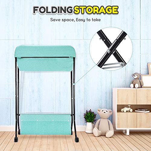 FORSTART Baby Changing Table with Wheels, Adjustable Height Folding Diaper Station Portable Mobile Nursery Organizer with Newborn Clothes & Storage Rack for Infant