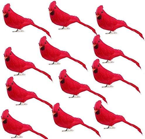 Ornaments - Feitore 12 Pack Red Cardinals Ornaments Red Birds Cardinal Clip On Christmas Tree Ornaments Artificial Red Birds with Feathers for Christmas Decorations Wreaths Centerpieces Crafts
