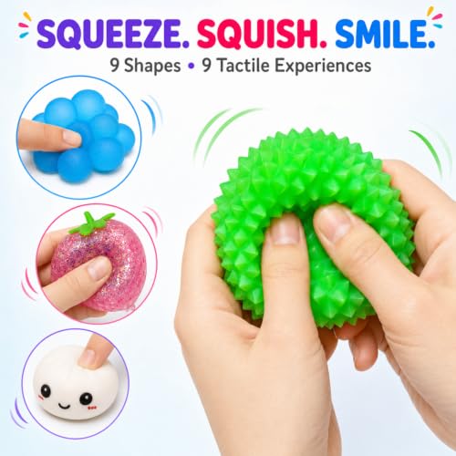 9 Pack Squishy Squeeze Toys, Random Color Soft Fidget Toys for Stress Relief, Cute Animal Fruit Food Shapes, Mini Desk Sensory Fidget Set for Adults and Teens