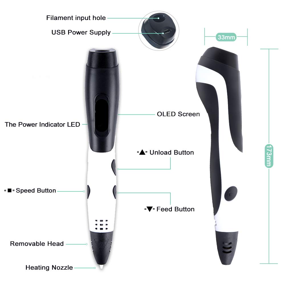 Gincleey 3D Pen，3D Printing Pen for Kids, 3D Drawing Pen with 18 Colors,6 Colors Glow,1.75mm PLA Filament Refills,Temperature Control,Non-Clogging and Easy to Use-White