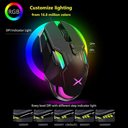 DELUX Wired Gaming Mouse with Pixart PMW3389 16000DPI Optical High Precision Sensor, Chroma RGB Lighting, Ambidextrous 9 Programmable Buttons Design and 15g Personalized Weight (M628BU(3389)-Black)
