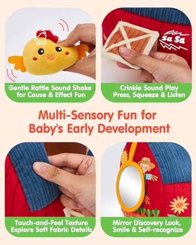 hahaland Montessori Baby Toys 6-12 Months - Surprise Barn with Stuffed Farm Animals Toys for Babies with Rattle & Mirror, Sensory Toys for Babies Boy Girl, Travel Toys for Toddlers 1-3