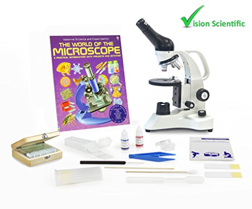 Vision Scientific VME0006-RC-P2 Monocular Compound Microscope, 40x-400x Magnification, LED, Microscope Book, Microscope Discovery Kit, 25 Prepared Slides Set, Free Gift Package ($10 Value)