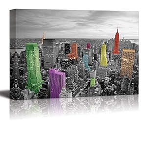 Black and White Photograph with Pops of Color on Some of The Buildings in New York - Canvas Art Home Art - 12x18 inches