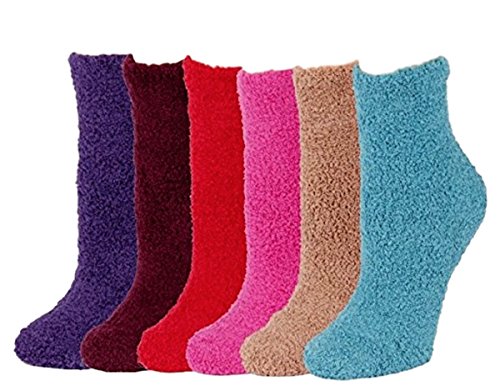 6 Pairs of Super Soft Non-Skid or No Non-Skid Fuzzy Slipper Socks (One Size, D-Plain (No non-skid))