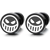 Mens Women Skull Graphic Stud Earrings with Enamel, Black Stainless Steel Cute Monster Alien, 2 pcs