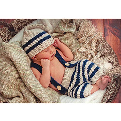Newborn Photography Props Outfits - Baby Boy/Girl Knitted Stripe Hat Strap Pants Costume Set