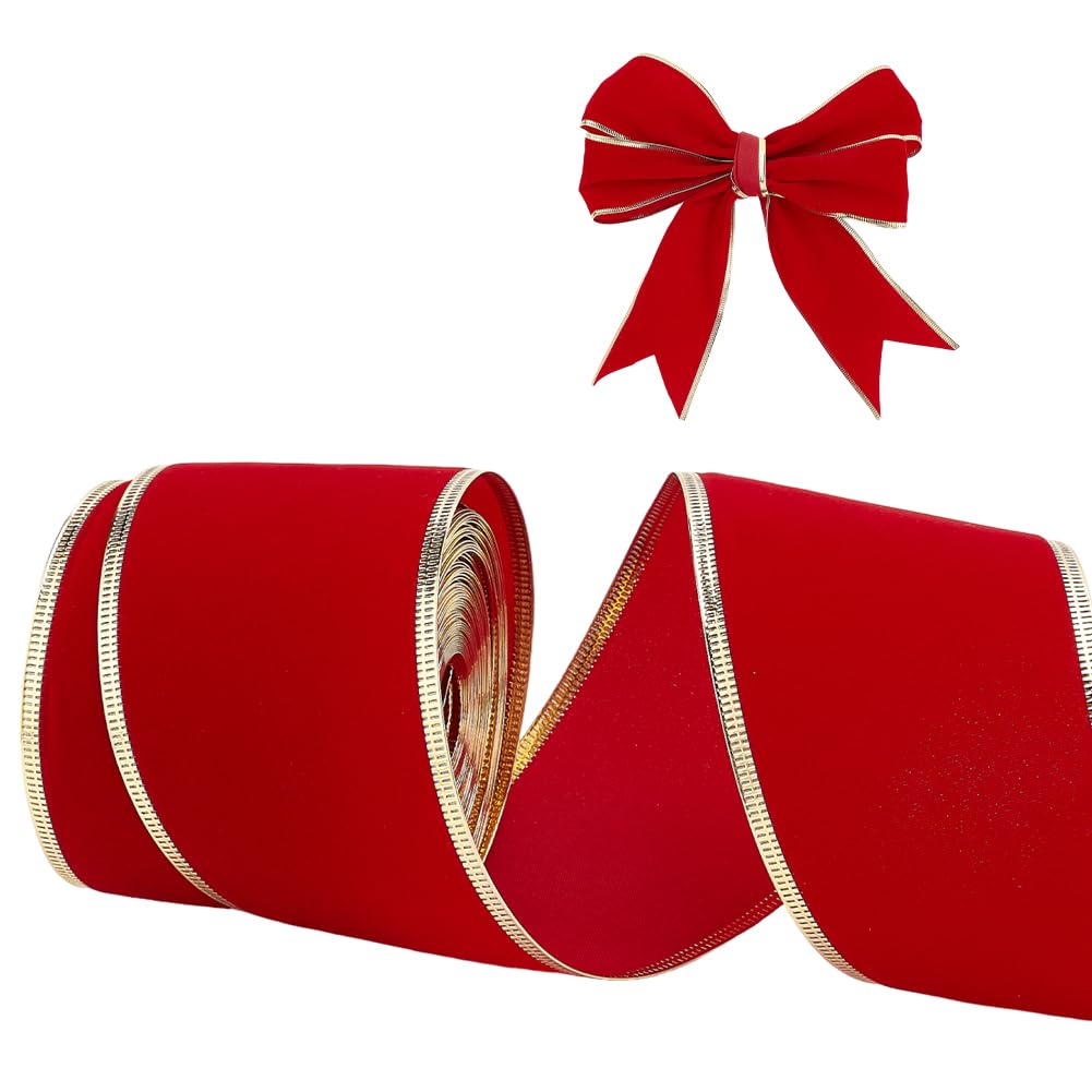 PH PandaHall 9.1m Red Ribbon 64mm Wide Craft Ribbon Wired Ribbon with Gold Edged Decoration Ribbon Christmas Ribbon for New Year Valentine's Day Wedding Decor Bow Making Gift Wrapping