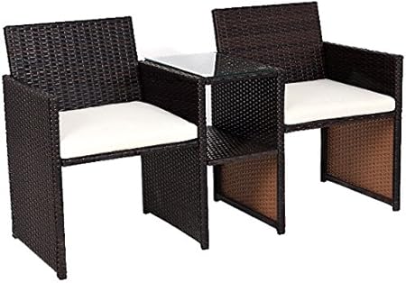 Amazon Com Waterproof Pe Rattan 2 Conjoined Seats Chair Glass Top Tea Table Soft Comfortable Padded Cushion Loveseat Sofa Set Durable Sturdy Steel Tube Construction Patio Lawn Garden Backyard Pool Side Furniture