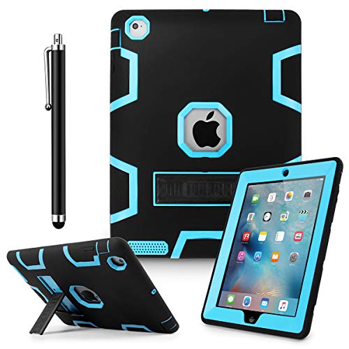 iPad 2 Case,iPad 3 Case,iPad 4 Case, AICase Kickstand Shockproof Heavy Duty Rubber High Impact Resistant Rugged Hybrid Three Layer Armor Protective Case with Stylus for iPad 2/3/4 (Black+Light Blue)