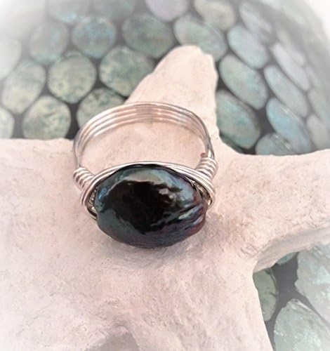Artisan Silver Wire Wrapped Black Iridescent Coin Cultured Freshwater Pearl Ring