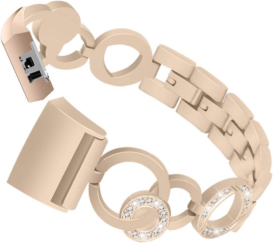 XIALEY For Fitbit Charge 2 Bands, Women Stainless Steel Chain Jewelry Bracelet Rhinestone Bling Metal Buckle Wristband for Fitbit Charge 2,VintageGold