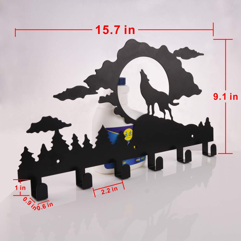 Wall Mounted Coat Rack,Kathy Metal Towel Hook Rack Moon Cloud Animal Wolf Hanger for Bathrooms Kitchen Door Hanging Key Robe Belt Bag Umbrella-6 Hooks,Black