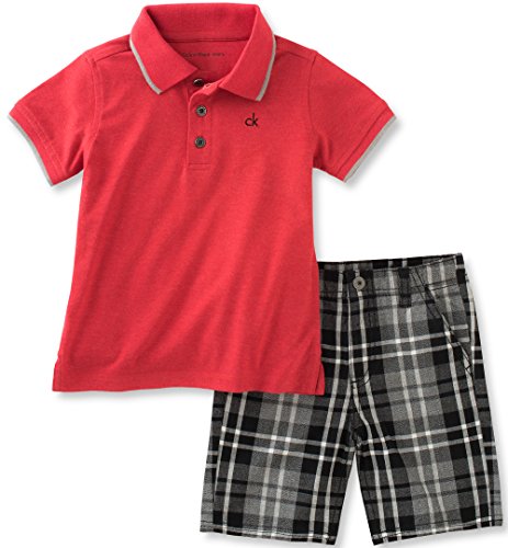 Calvin Klein Baby Boys' 2 Pieces Polo Set-Plaid Shorts, Red, 18M