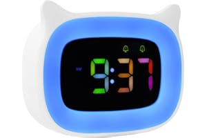 Kids Alarm Clock, Seutgjie Digital Desk Clock Cat Rechargeable for Bedrooms Battery Operated with 8 RGB Night Light 18 Ringto