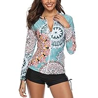 Caracilia Women Long Sleeve Rash Guard UPF 50+ UV Sun Protection Zip Front Swimsuit Shirt Printed Surfing Shirt Top F17-3XL CA106