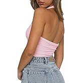 Artfish Women's Sexy Scoop Neck Halter Crop Top Backless Knit Rib Basic Cami Tank Tops