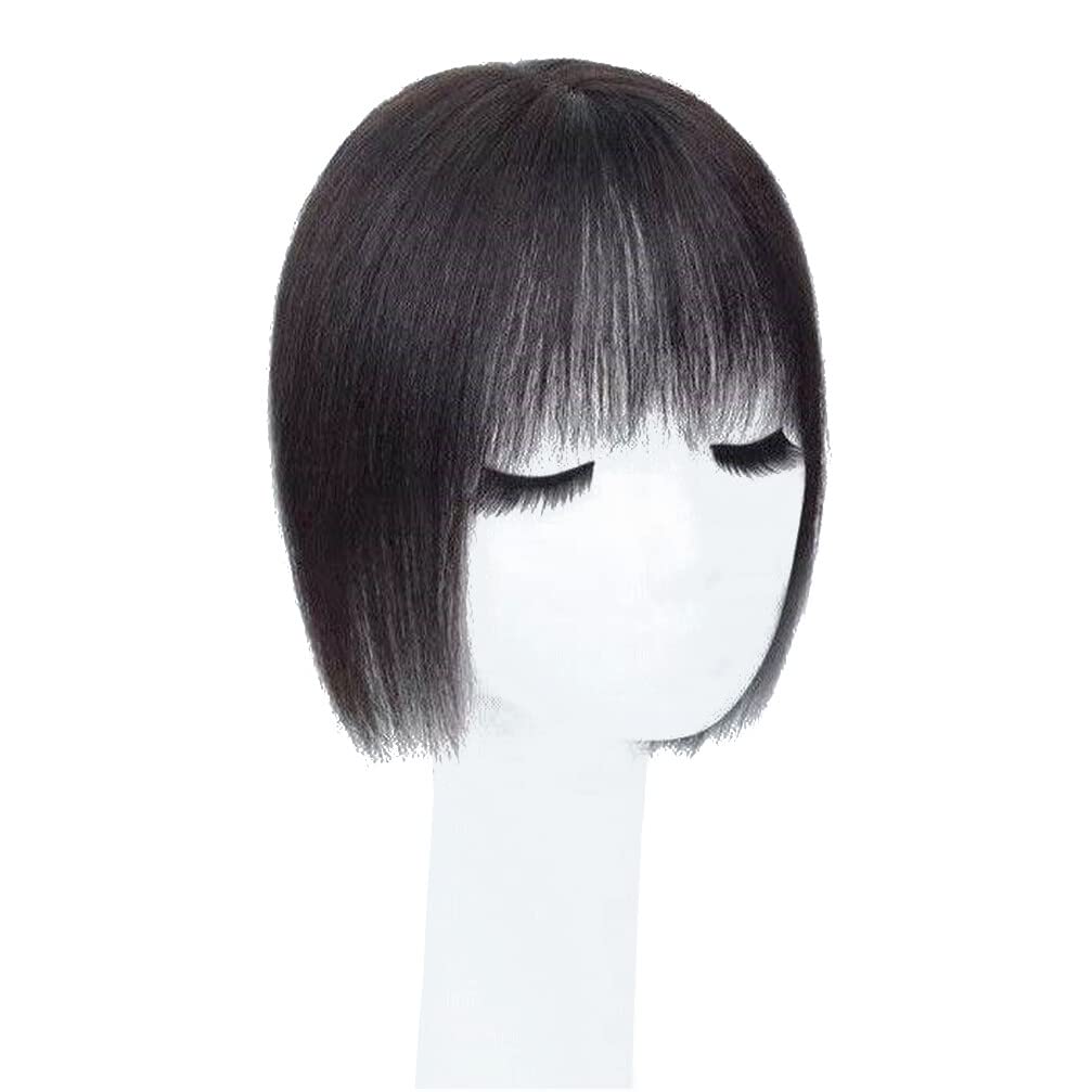 Middle Part Silk Part Base Human Hair Topper 7x10cm Forehead Straight Clip in Hairpiece with Wispy Fringe 20cm Black