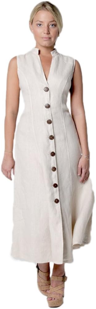 Claudio Milano Women's 100% Linen Dress with Wooden Button and Moa Collar