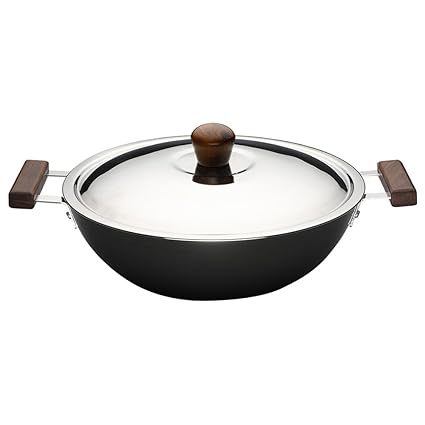 Wonderchef Ebony Hard Anodized Aluminium Wok with Lid, 4.5 Litres/28cm, Black/Brown