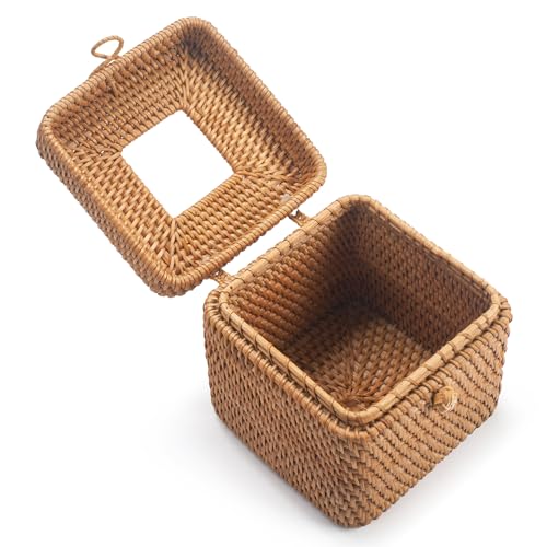 Rattan Paper Tissue Box with Lid, Square Wicker Box Holder, Facial Tissue Paper Tissue Box for Dining Table, Living Room, Bathroom, Bedroom (Natural)