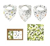 Dinosaur Baby Bibs Premium Muslin Bandana Bibs for Drooling Baby, Absorbent Breathable Bandana for Summer, Baby Shower Gift 4 Pack- 1 Square Bandana and 3 Drool Bibs, Camouflage Dinosaur Green