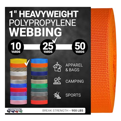 Strapworks Heavyweight Polypropylene Webbing - Heavy Duty Poly Strapping for Outdoor DIY Gear Repair, 1 Inch x 25 Yards - Yellow Gold