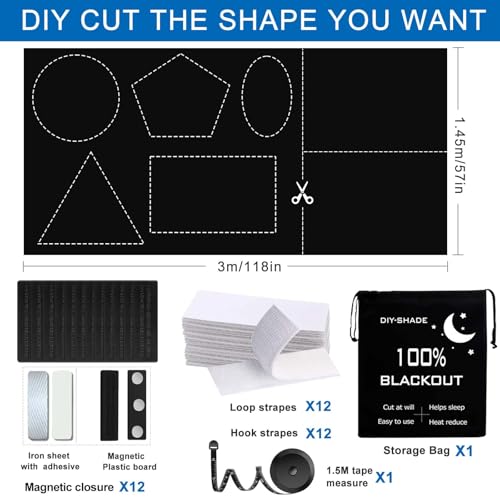 100% Blackout Blind Magnetic Portable Blackout Curtains 118 x 57Inch,Black Out Window Cover with Strong Magnet No Drill Cuttable Window Shades for Bedroom,Nursery,Rv,Media Room (Black)