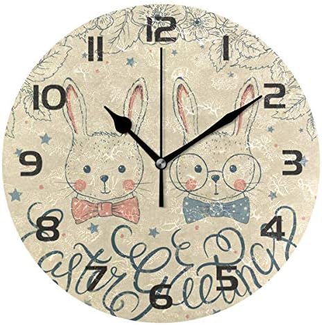 Dozili Easter Bunny Rabbit Decorative Wooden Round Wall Clock Arabic Numerals Design Non Ticking Wall Clock Large for Bedrooms, Living Room, Bathroom