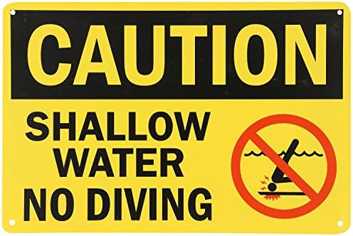 Caution: Shallow Water No Diving with Graphic, 10" high x 15" Wide, Black/Red on Yellow, Self Adhesive Vinyl Sticker, Indoor and Outdoor Use, Rust Free, UV Protected, Waterproof