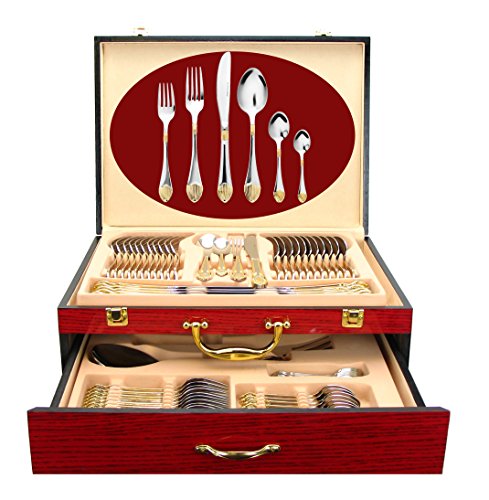 Venezia Collection 75-Pc Luxury Gold Flatware Set for 12 w/Wooden Storage Case, 24 kt Plated Premium Dining Cutlery Service, 18/10 Surgical Stainless Steel Silverware Hostess Serving Set in a Chest - Thumbnail 4
