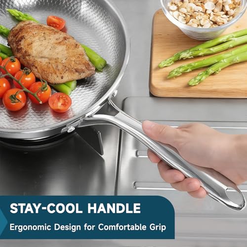 Vutlace Stainless Steel Frying Pan with Lid, 5-Ply Clad Titanium Frying Pan, Uncoated, Titanium Construction, Induction Cookware, Cooking Pan, Stir Fry Pan, Dishwasher Safe Pan, Includes Lid (28cm)