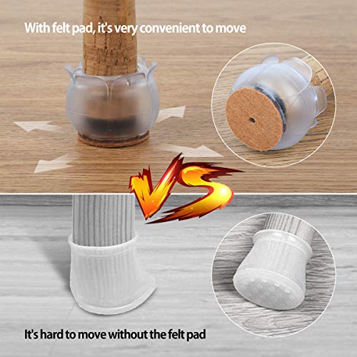 32pcs Furniture Silicon Protection Cover, Transparent Chair Leg Caps Floor Protectors with Felt Pads, Anti-Slip Lotus Mouth Table Feet Covers Protection Bottom Cover Prevents Scratches and Noise