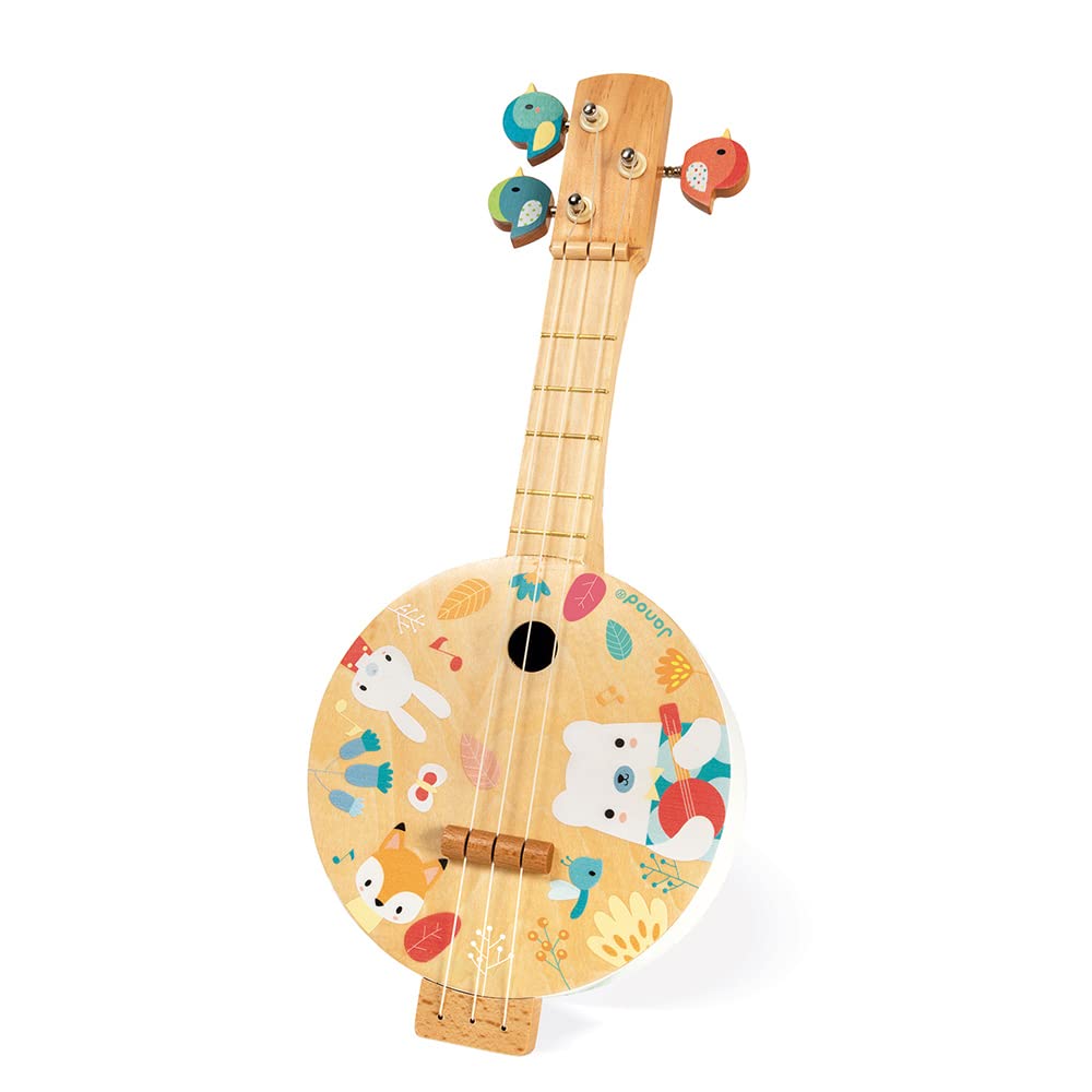 Janod - Wooden Pure Banjo - Printed with Pretty Illustrations, Water Based Paint - Bird-Shaped Tuning Keys - Imitation Toy - 3 Spare Cords - Banjo for Children - from 3 Years Old, J05160