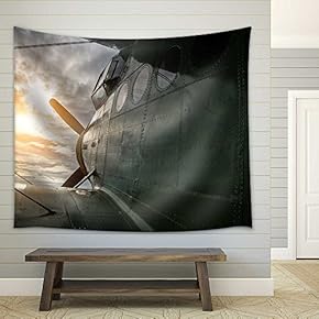 Old Aircraft Flying in a Cloudy Sky by Sunset - Fabric Wall Tapestry Home Decor - 51x60 inches