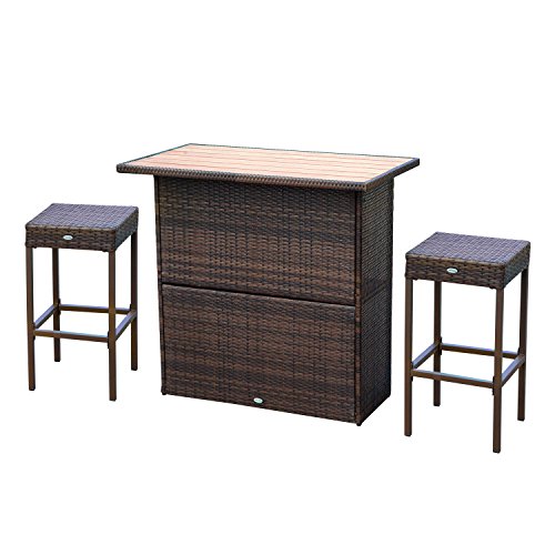 Outsunny 3 Piece Wicker Bar Set Outdoor Patio Rattan Furniture Set Garden Deck