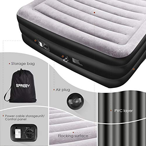 SPREEY Queen Air Mattresses with Built-in Electric Pump, Flocked Top Airbed with Storage Bag for for Home, Office and Outdoor, Inflated Size 80 x 60 x 20 Inch