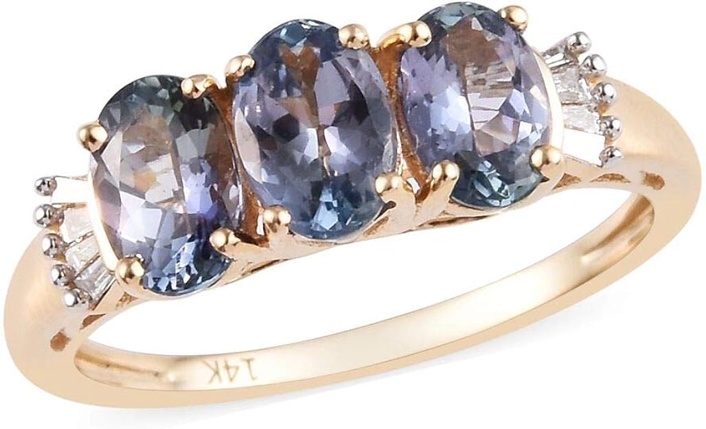 TJC AA Peacock Tanzanite 14ct Yellow Gold Three Stone Ring for Women